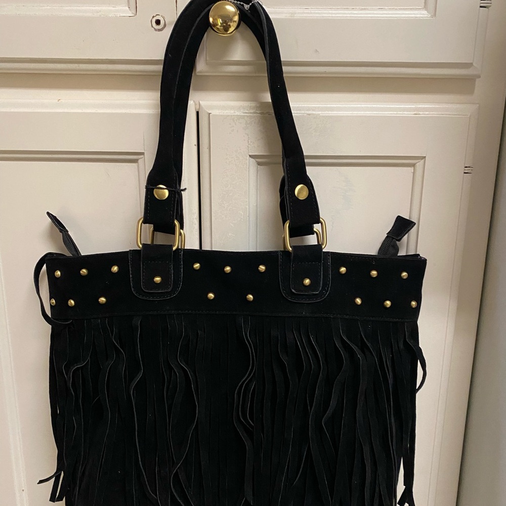 Lavene black purse with fringes measurements are 16.5”across and 10.5”deep.